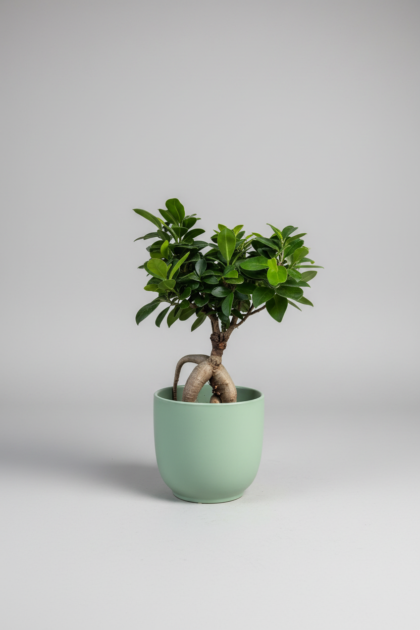 A potted green plant in a light sage green ceramic pot, placed on a weathered wooden deck next to a woven bench in an outdoor garden setting.