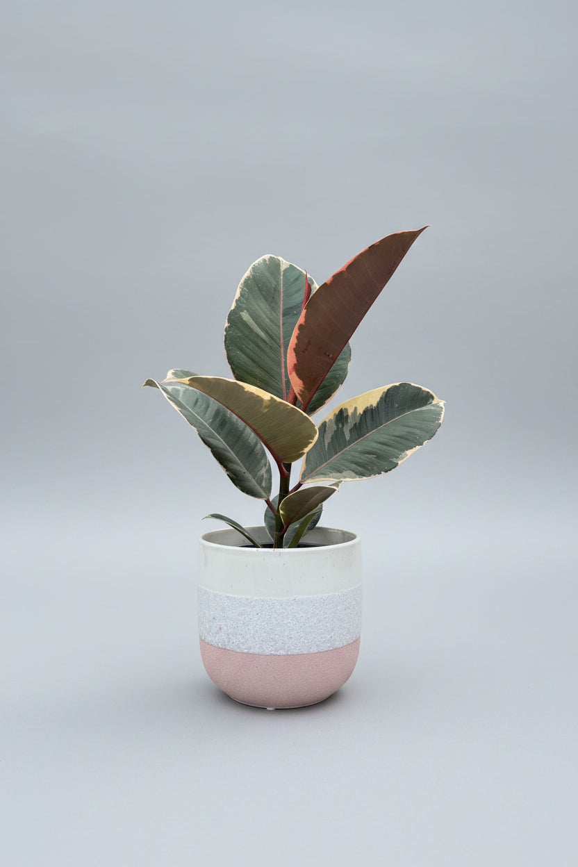 Ficus in pink, grey, and white pot
