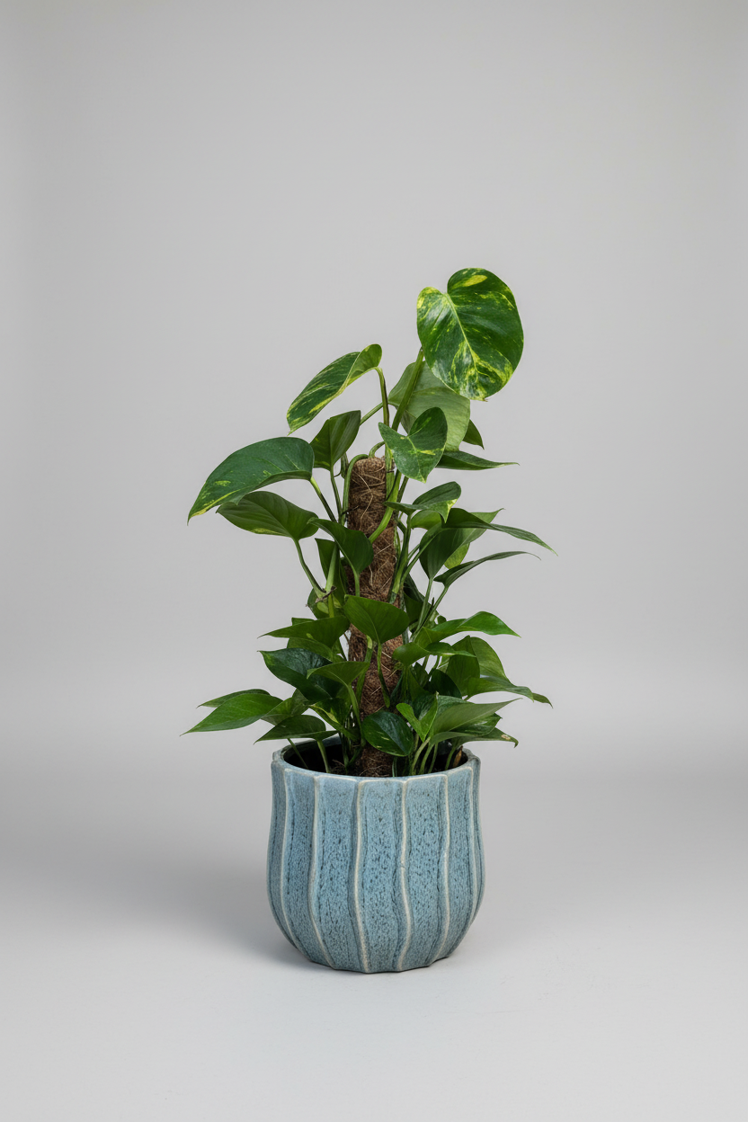 A potted green plant with large glossy leaves sits on a weathered white wooden bench outdoors beside a stone wall and trees.