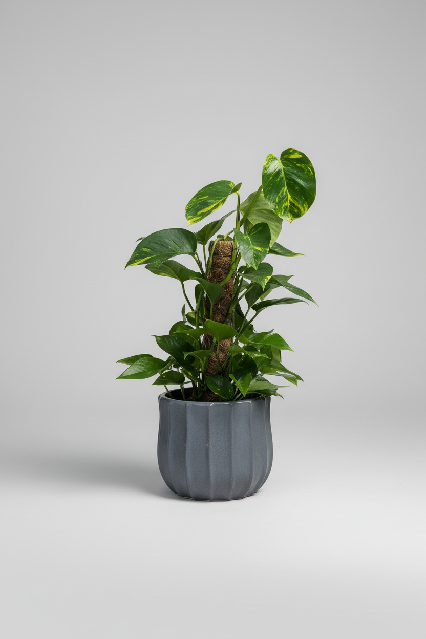 A potted green plant in a dark gray pot, displayed on a weathered wooden bench outdoors on a stone path with trees in the background.