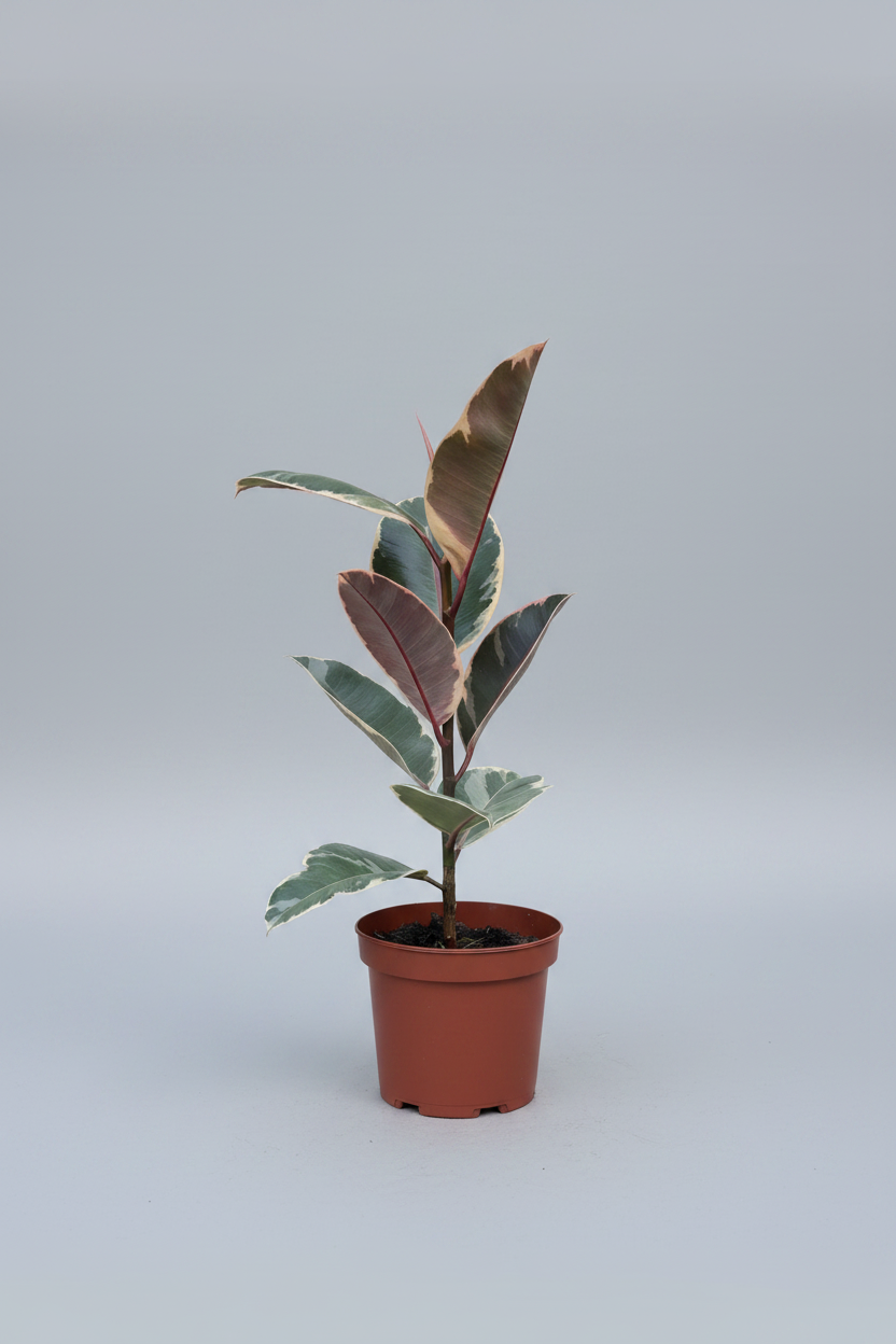 A potted variegated rubber plant with large green and reddish-brown leaves, in a terracotta pot, placed on a weathered wooden bench outdoors.