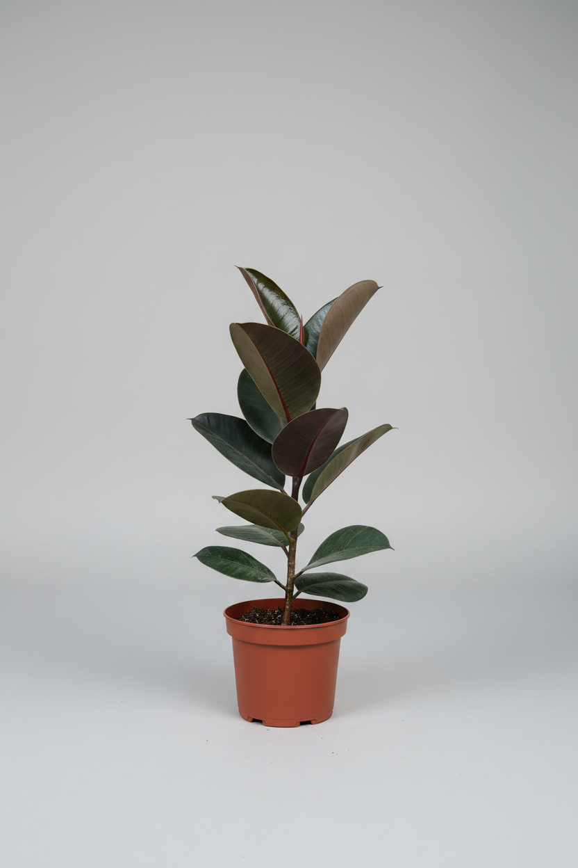 A potted rubber plant with large dark green leaves sits on a weathered white wooden bench outdoors on a stone path with trees in the background.