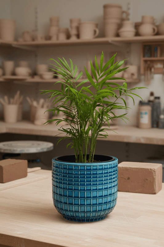 Ceramic Art: Chamaedorea elegans | Blue Ceramic Geometric Pot - Royally Rooted