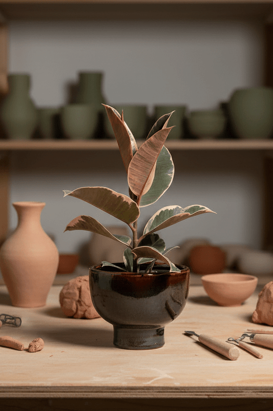 Ceramic Art: Ficus elastica | Grey & Brown Bowl Ceramic Pot - Royally Rooted