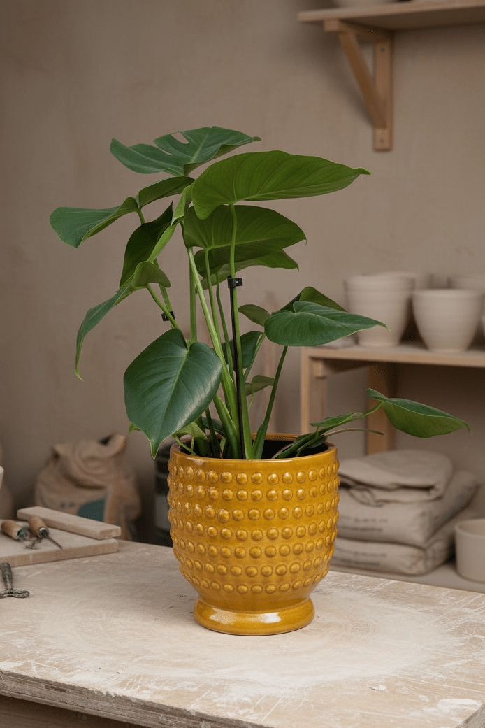 Ceramic Art: Monstera deliciosa | Yellow Dot Ceramic Pot - Royally Rooted